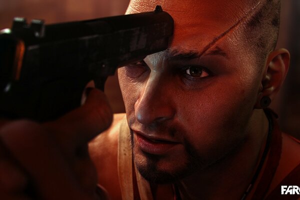 Far Cry 3. The muzzle of the gun rests against the forehead of Vaas Montenegro