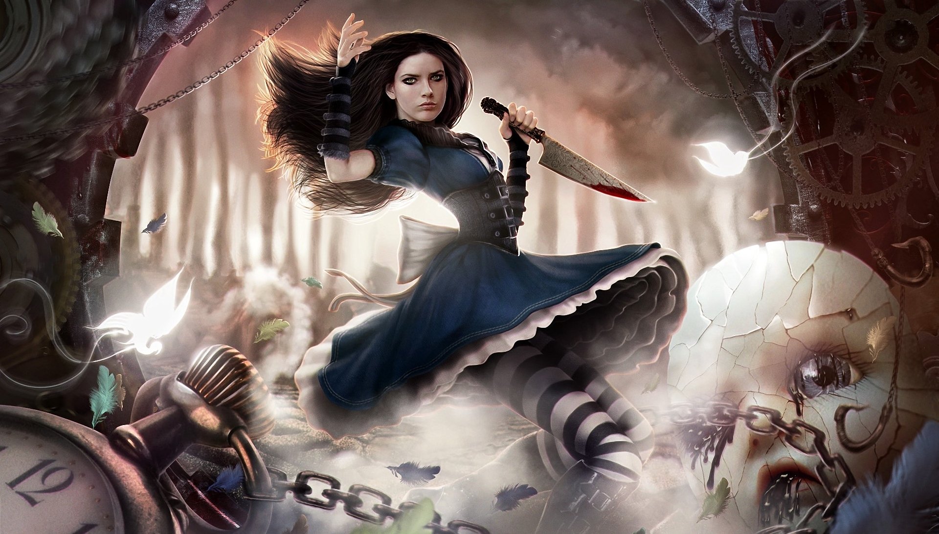 alice madness returns alice doll chains knife the mechanism watches butterfly motion blood forest feather