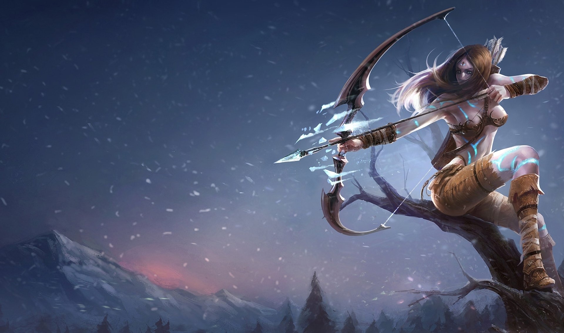 league of legends ragazza neve montagne albero arco arciere ghiaccio