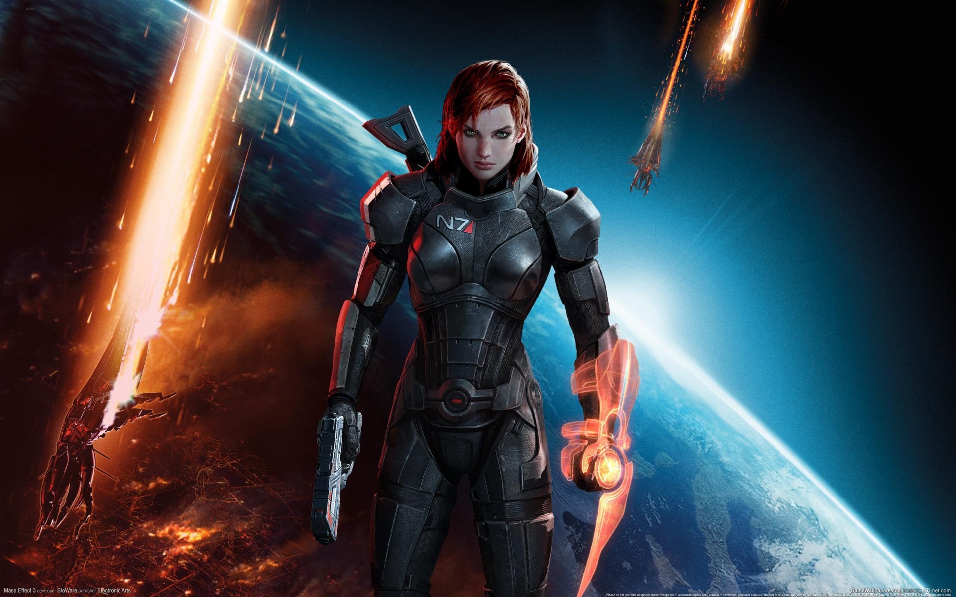 mass effect 3 tapety gry n 7 shepard zielone oczy rude włosy dziewczyna zbroja broń ziemia przestrzeń zielonooka ruda przestrzeń statki eksplozje