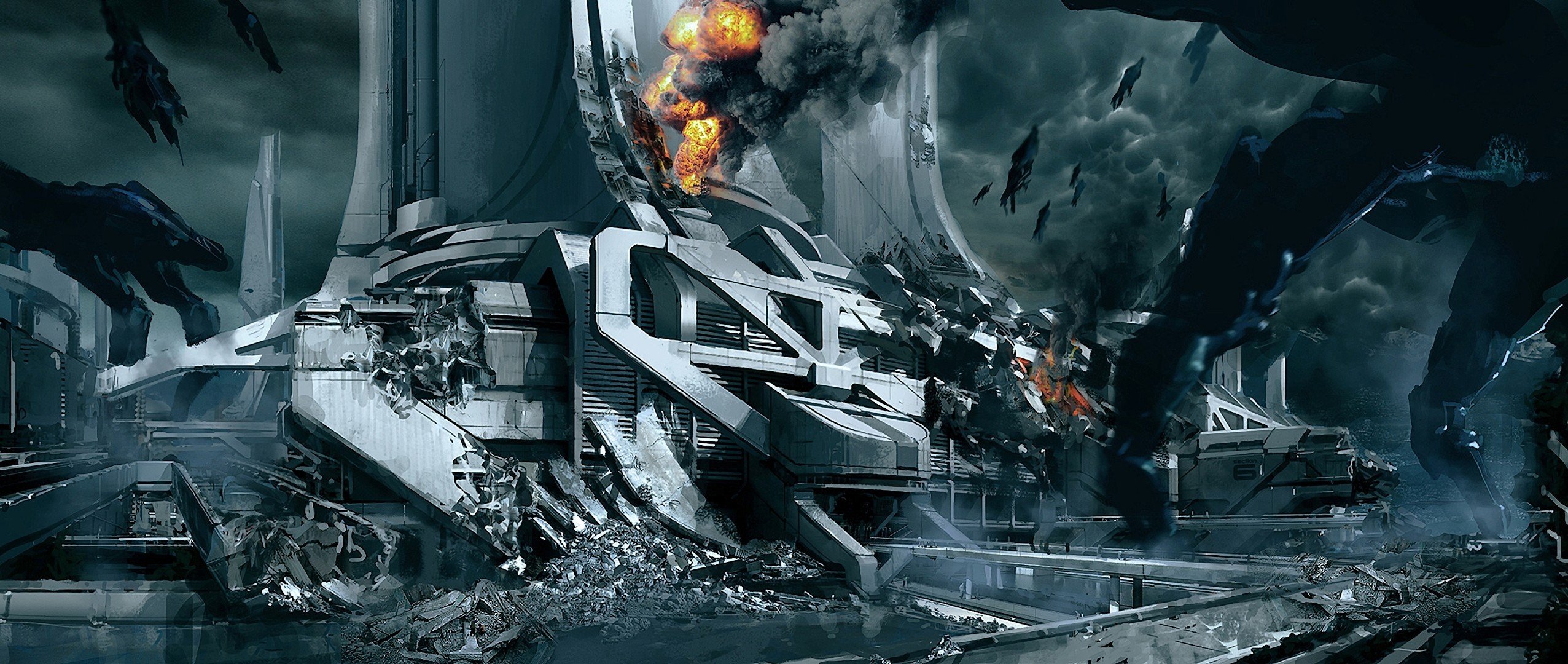 mass effect 3 arte conceptual ciudad thessia segadores fuego barcos ruinas humo