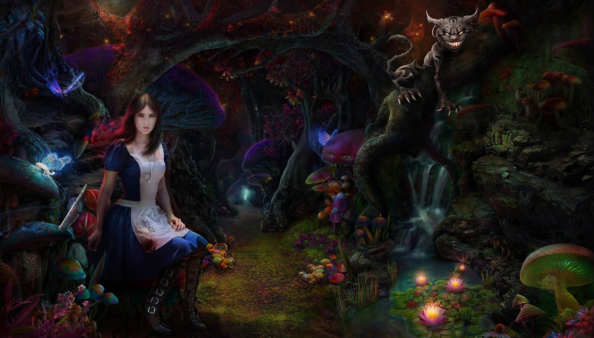 alice madness returns sztuka dziewczyna kot cheshire las grzyby gąszcz