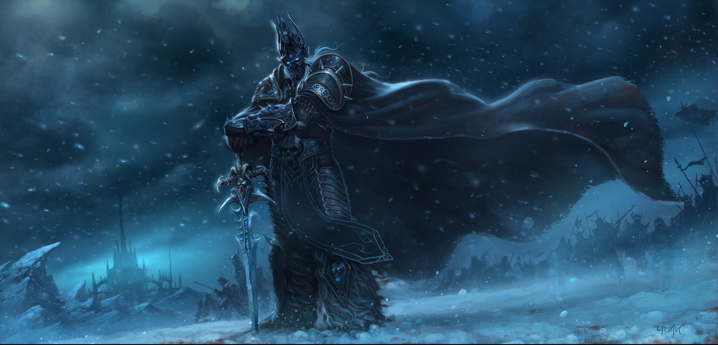 arte chao yuan xu mundo de warcraft arthas guerrero nieve ejército castillo espada capa viento