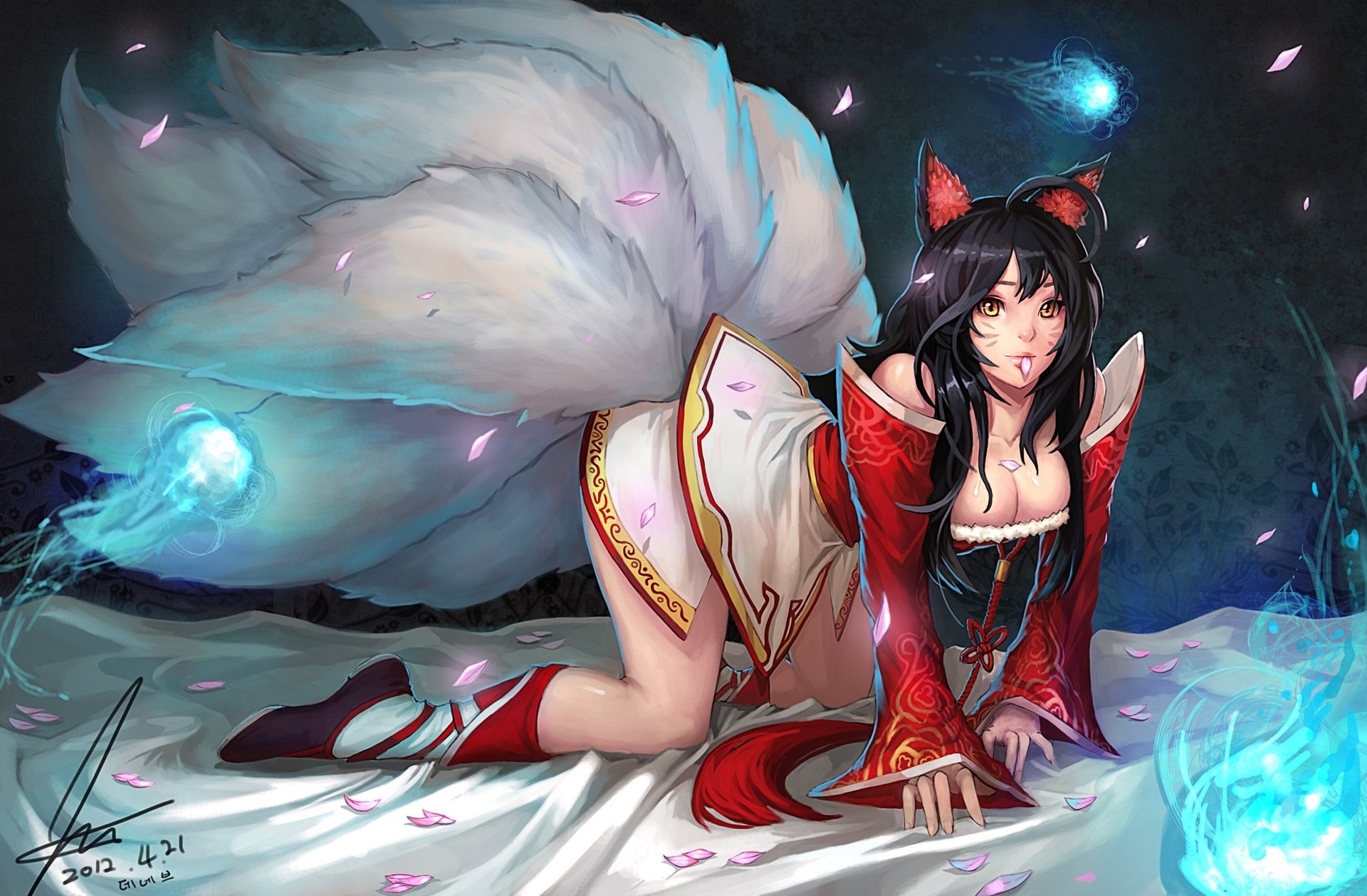 league of legends ahri dziewczyna uszy zwierząt płatki buty grzywka uszy lisa ogon