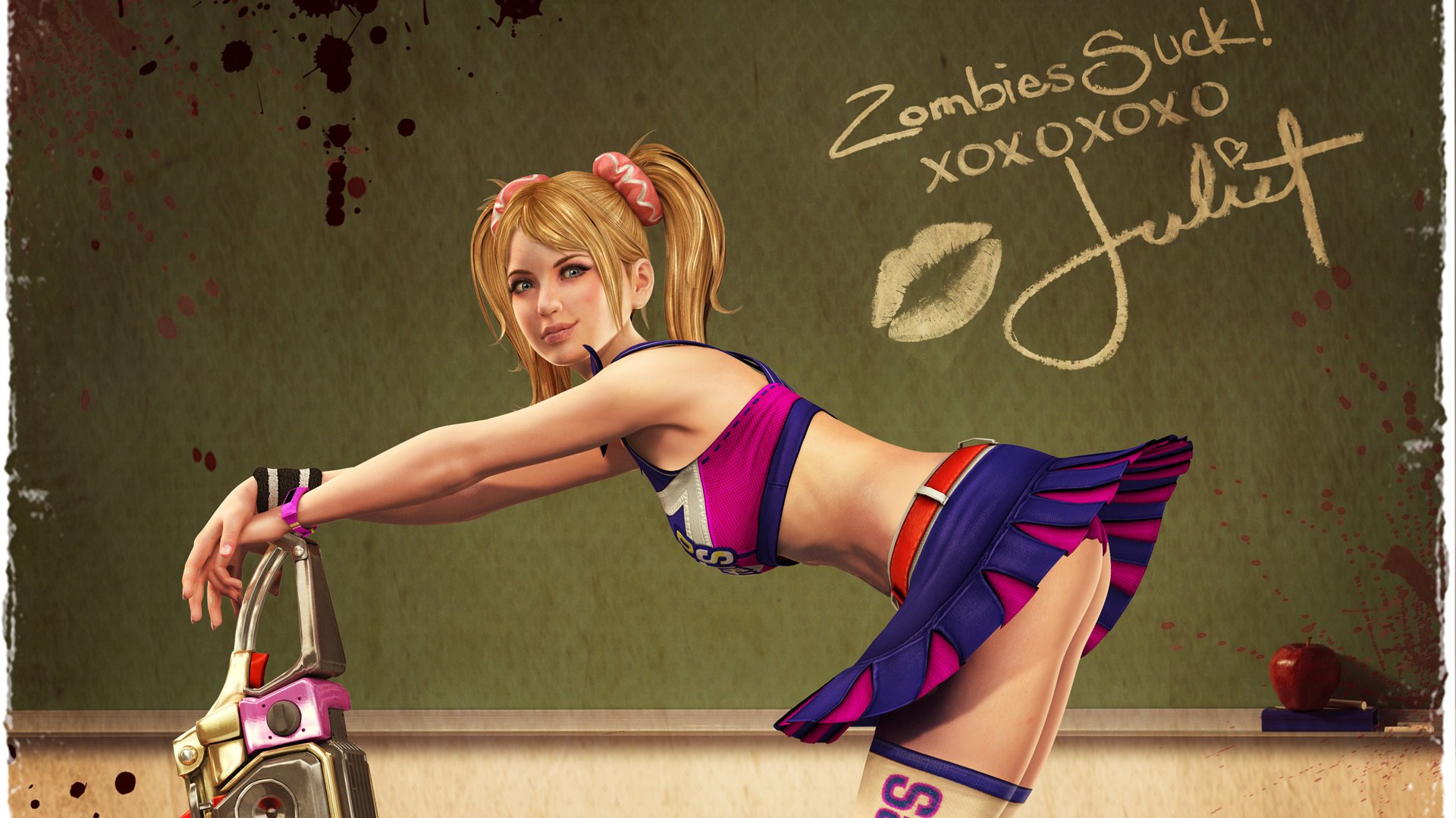 lollipop chainsaw mädchen kettensäge tafel kreide cheerleader beute apfel lächeln juliette starling