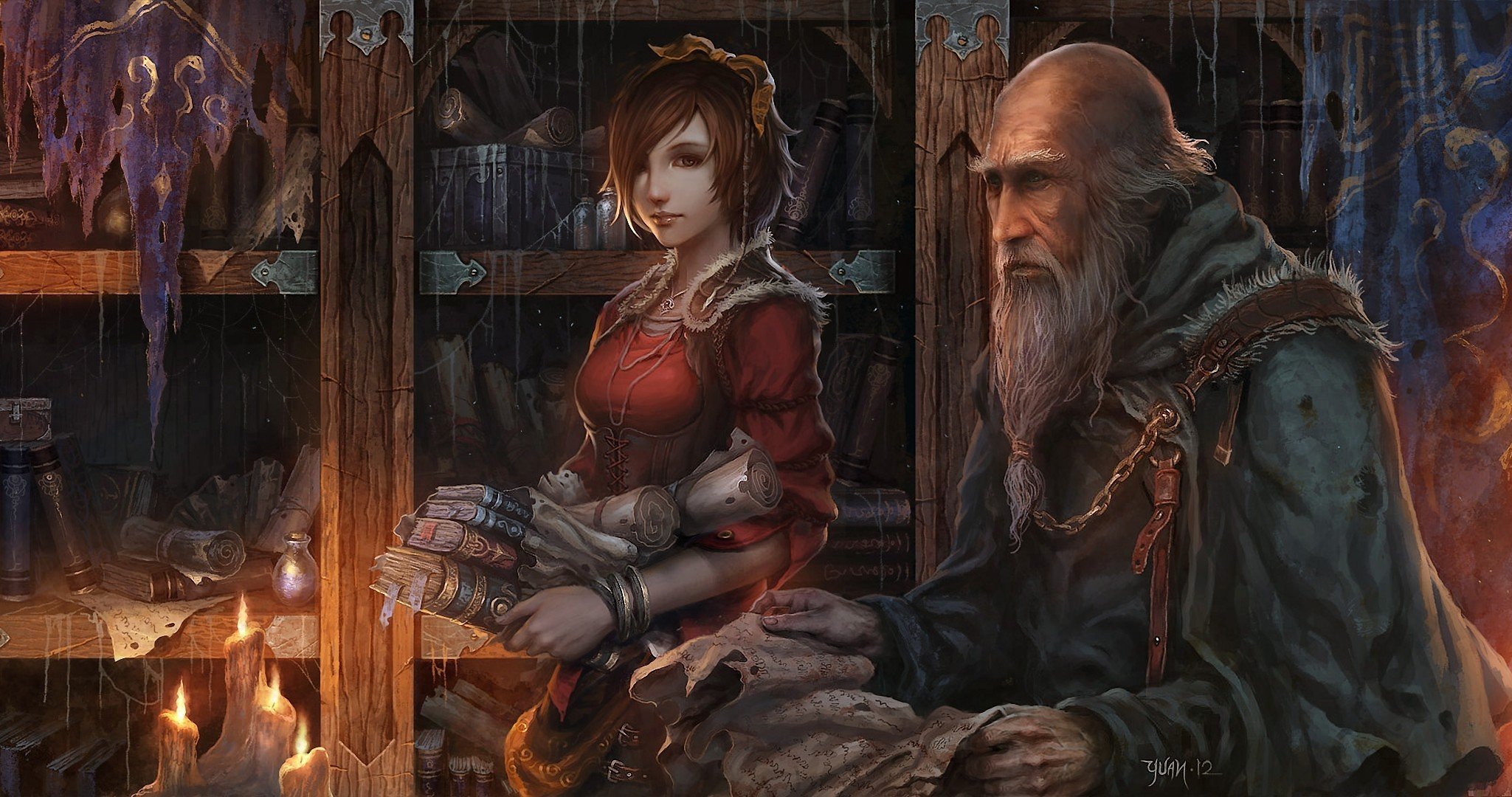 diablo 3 art chaoyuanxu deckard cain leah girl old candles books scrolls library web manuscript wardrobe