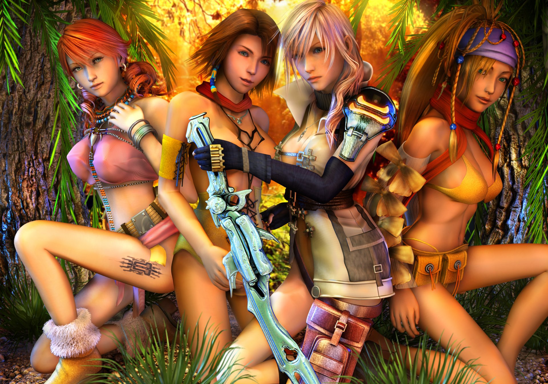 final fantasy xiii girls sword tattoos forest