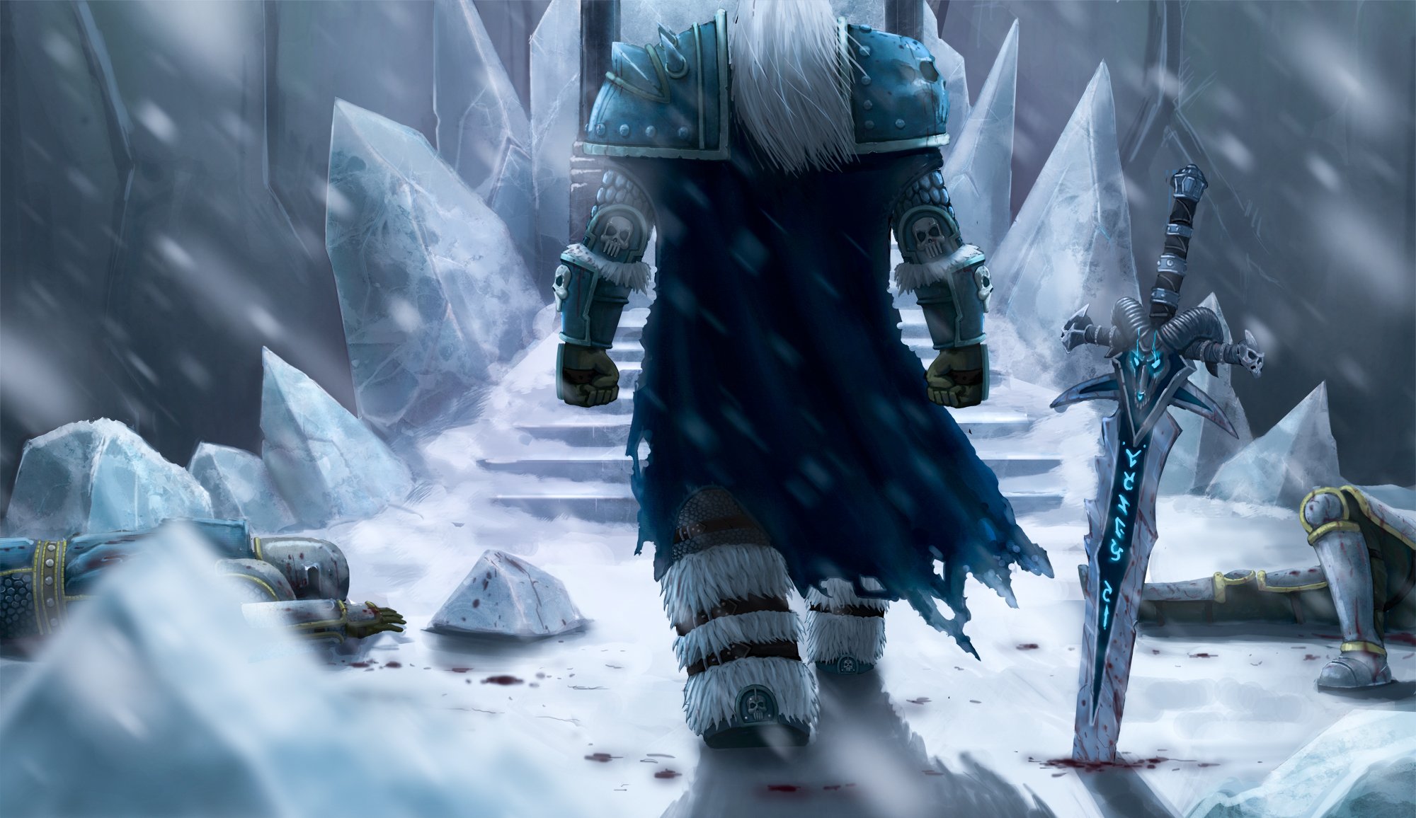 mondo di warcraft wow fanart re dei lich arthas inverno neve ghiaccio cadaveri spada tempesta di neve