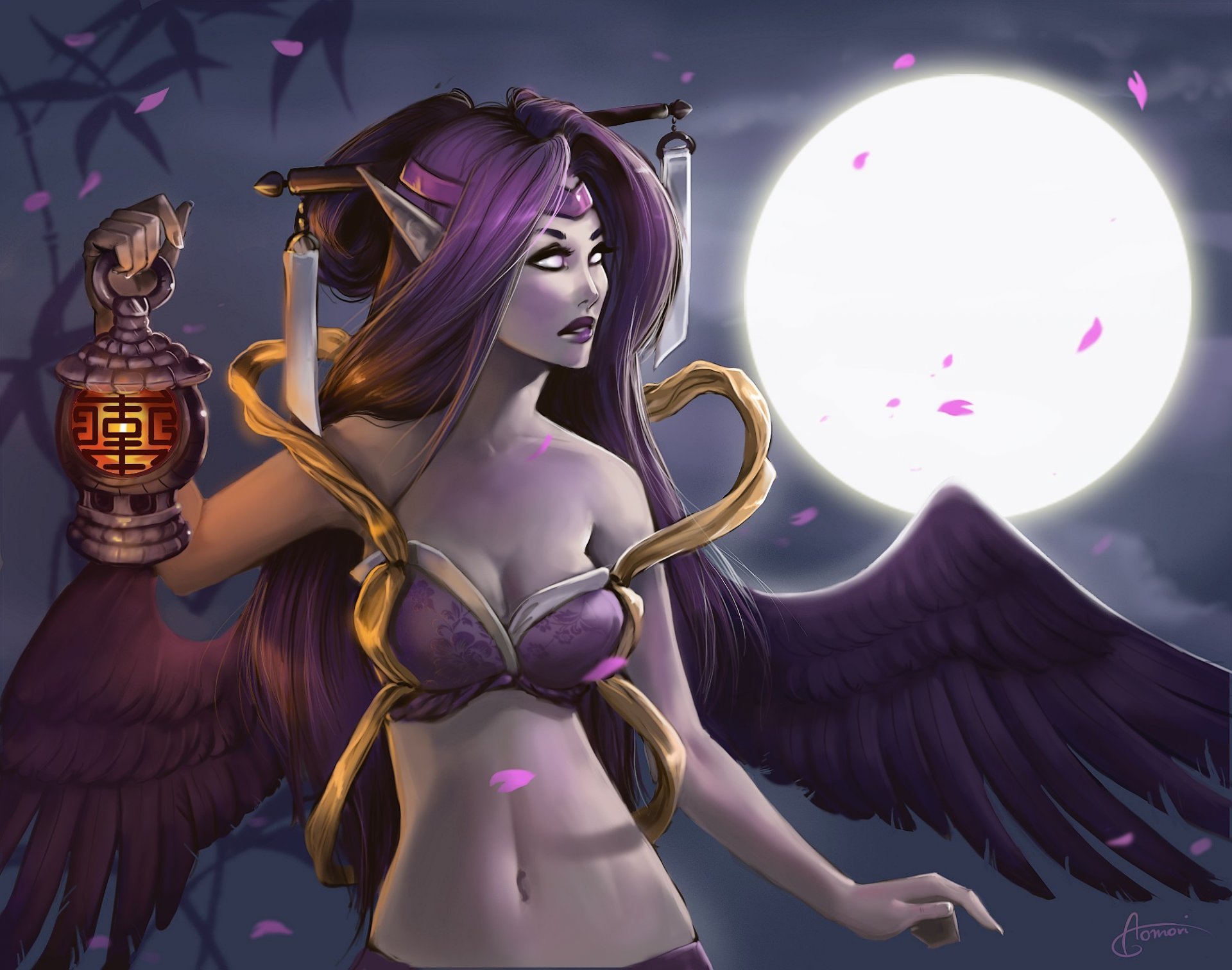 kunst aomori league of legends morgan mädchen laterne ohren flügel mond nacht blütenblätter