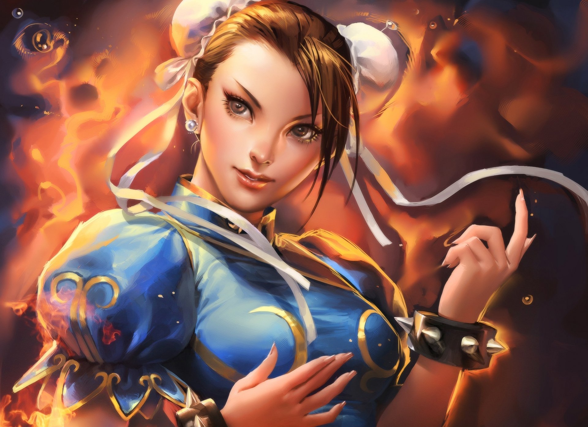 arte sakimichan street fighter chun-li juego chica cintas fuego pulsera