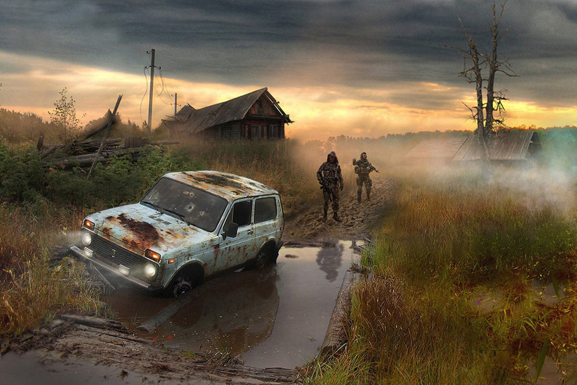 harceleur personnes soldats zone marais tchernobyl niva village