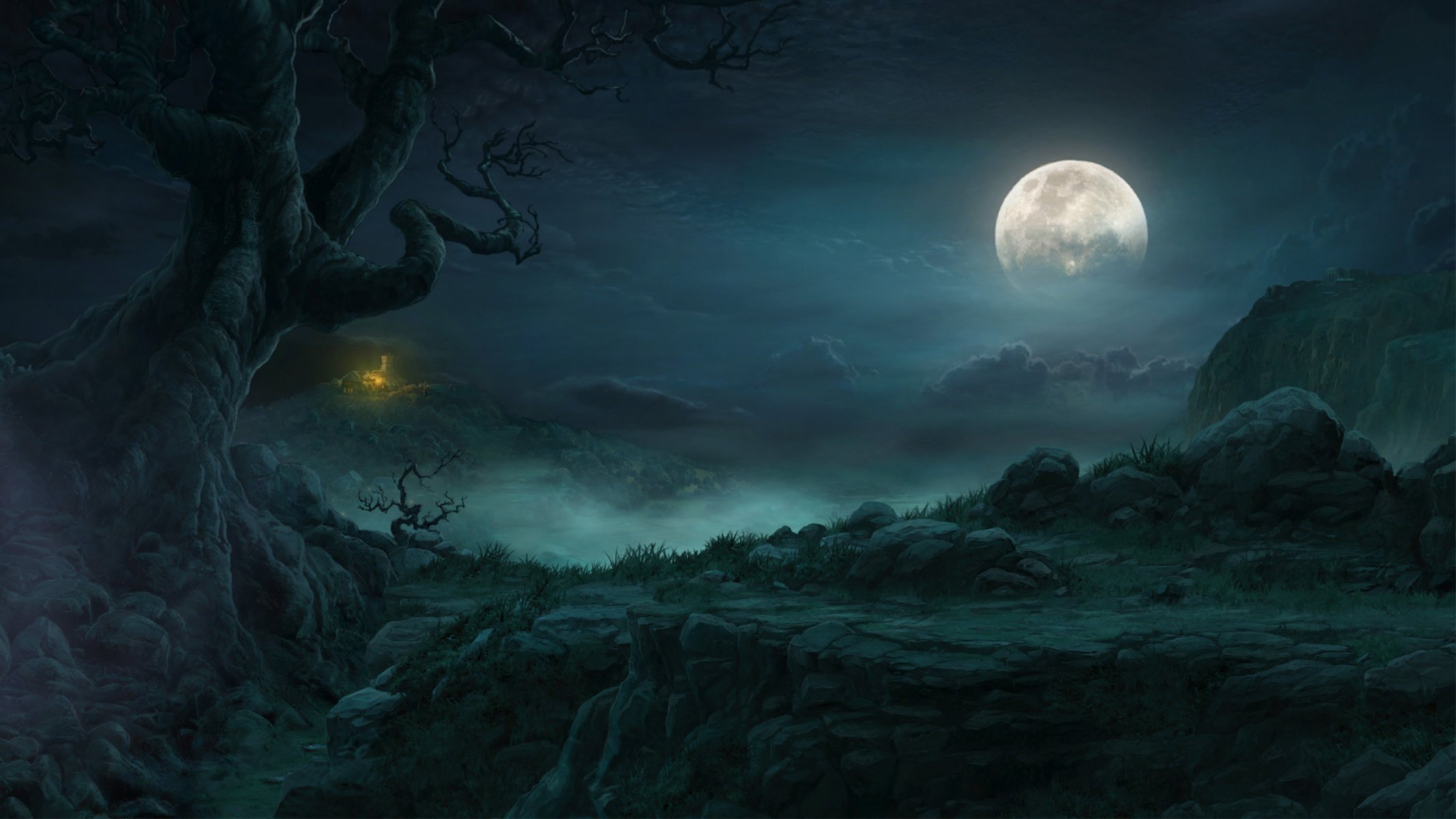 diablo 3 paysage nuit lune roches arbre cabane nuages