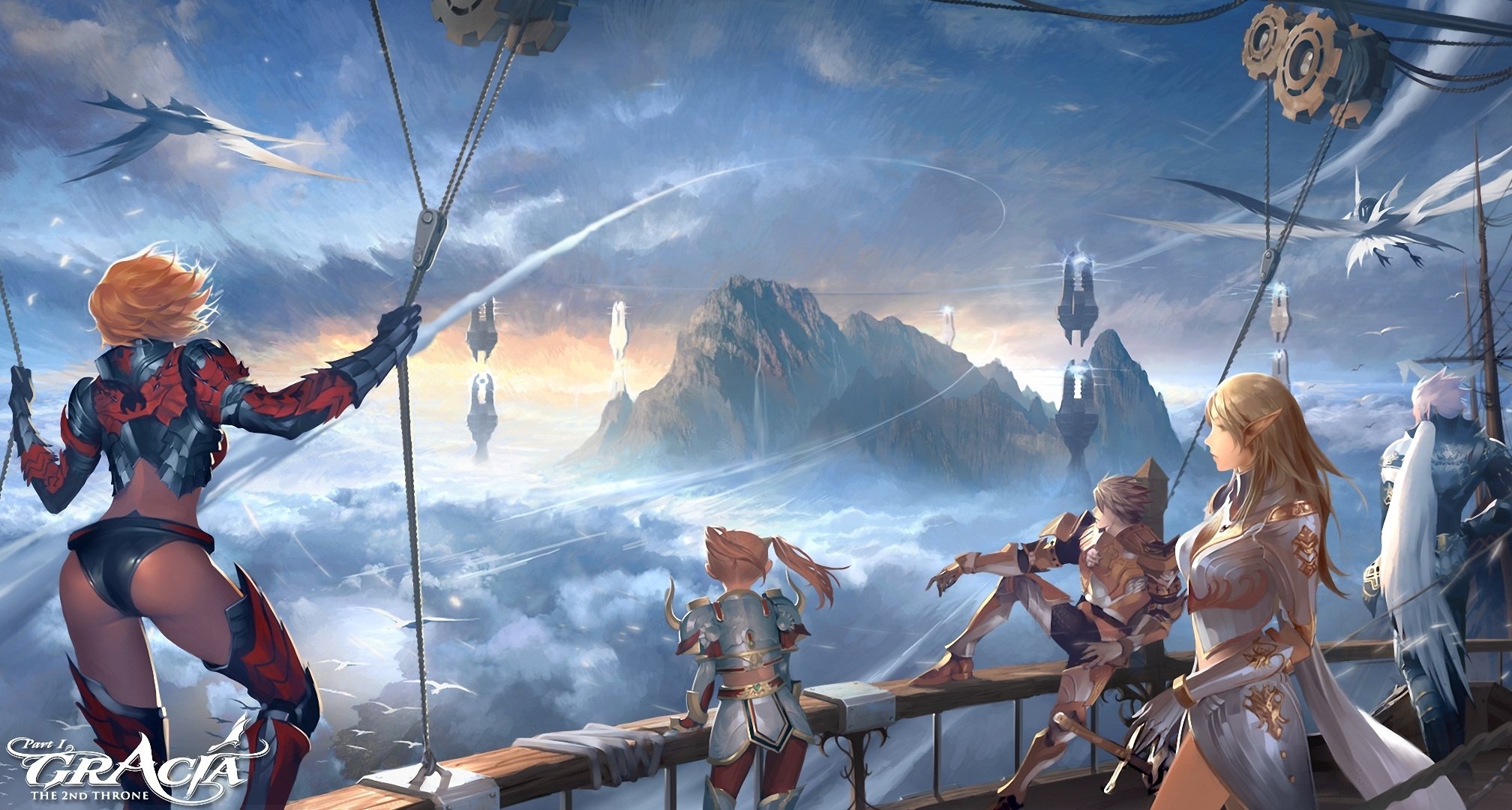 lineage 2 characters ship in the sky flight birds mountain rock