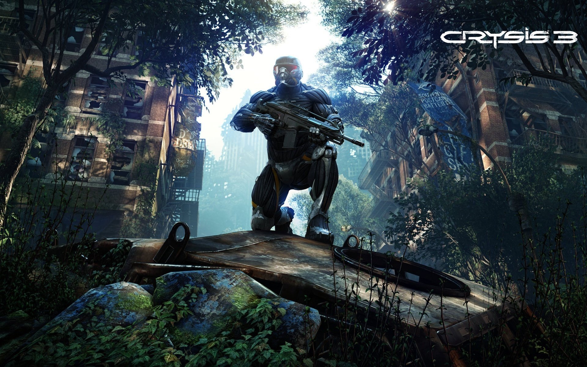 crysis 3 nanosuit new york ruin men weapon rifle tree sheets screenshot rust