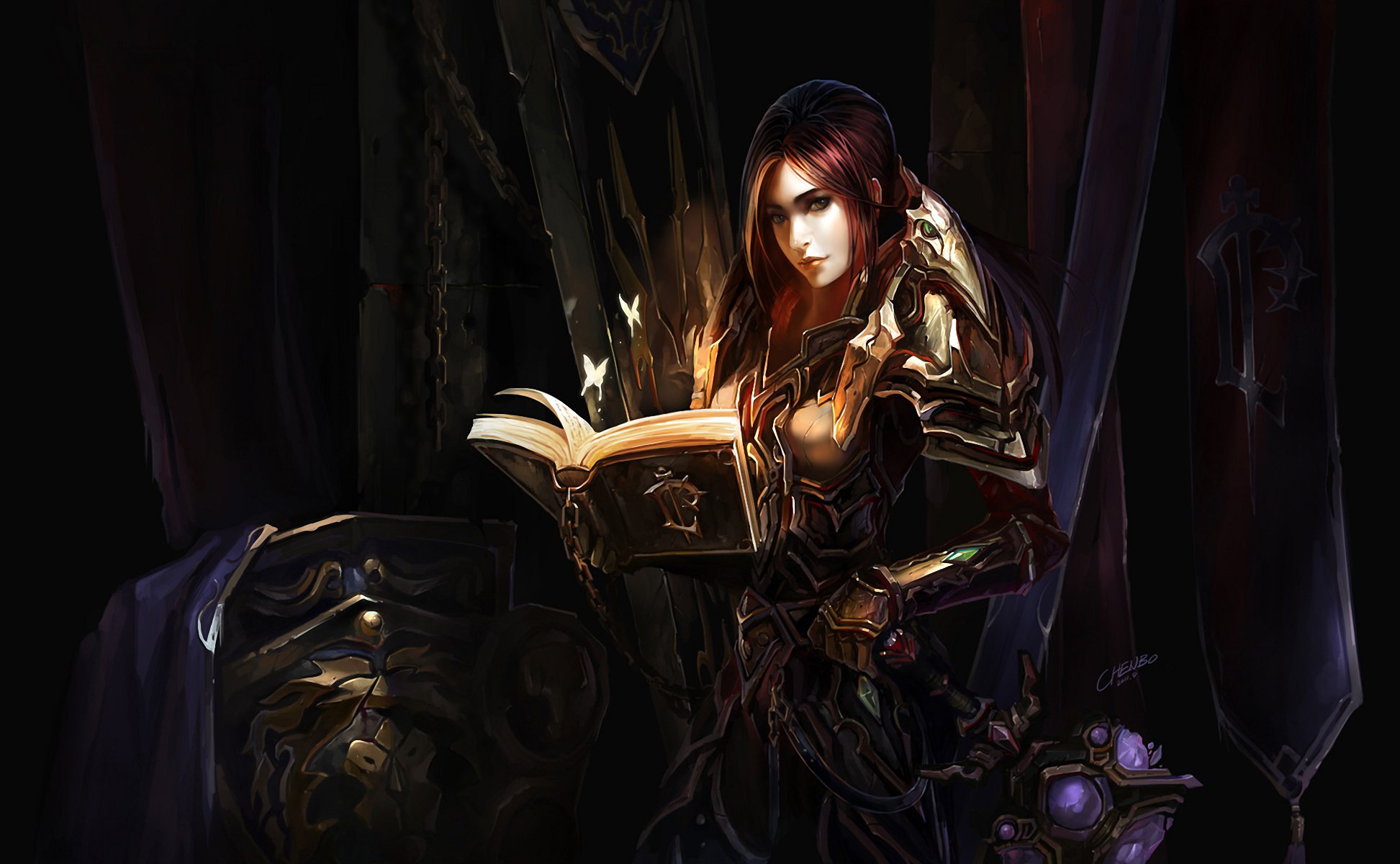 mundo de warcraft wow chenbo chica guerrera armadura libro cadenas escudo armas