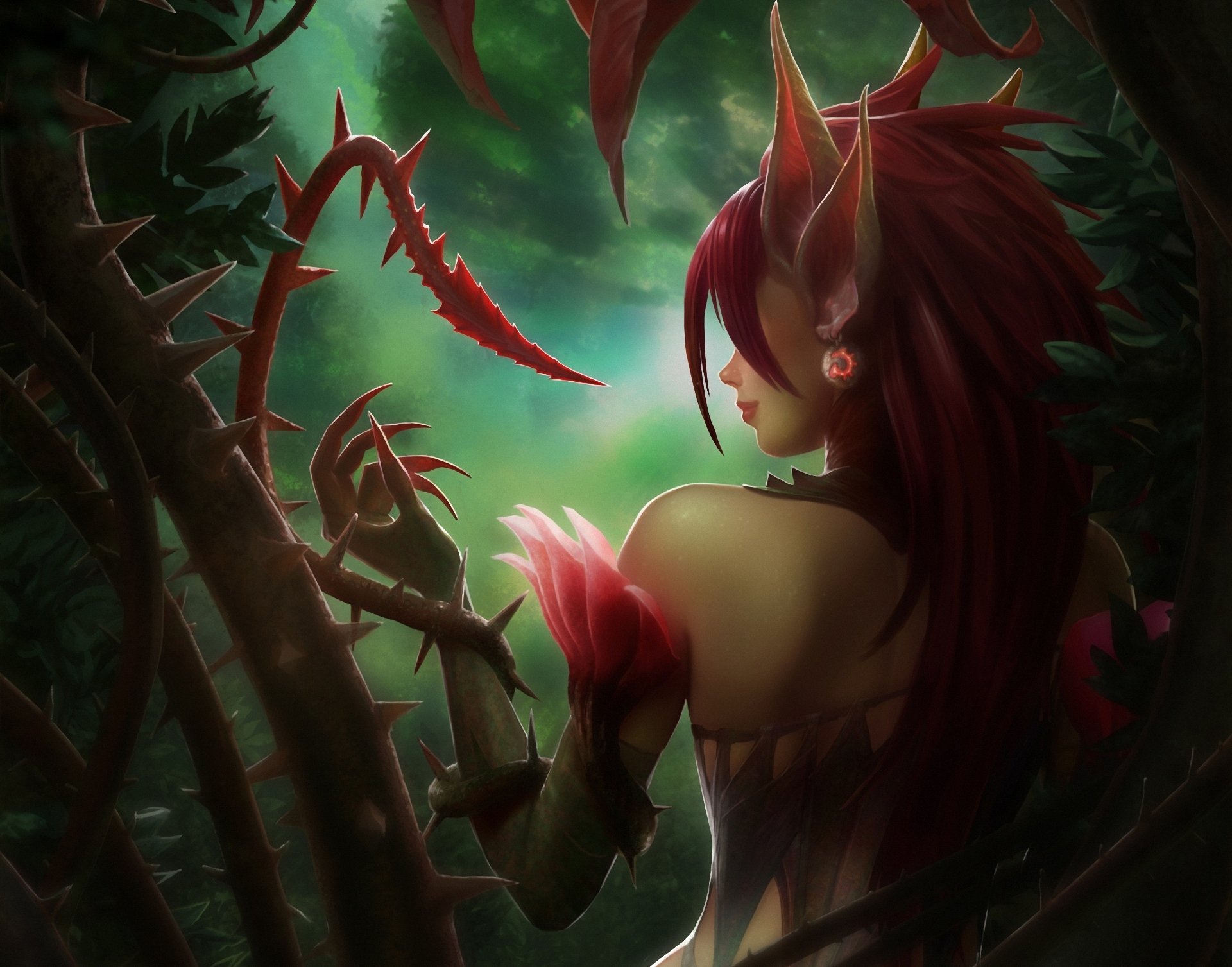 league of legends zyra ragazza piante spine orecchie schiena rampicanti foresta artigli