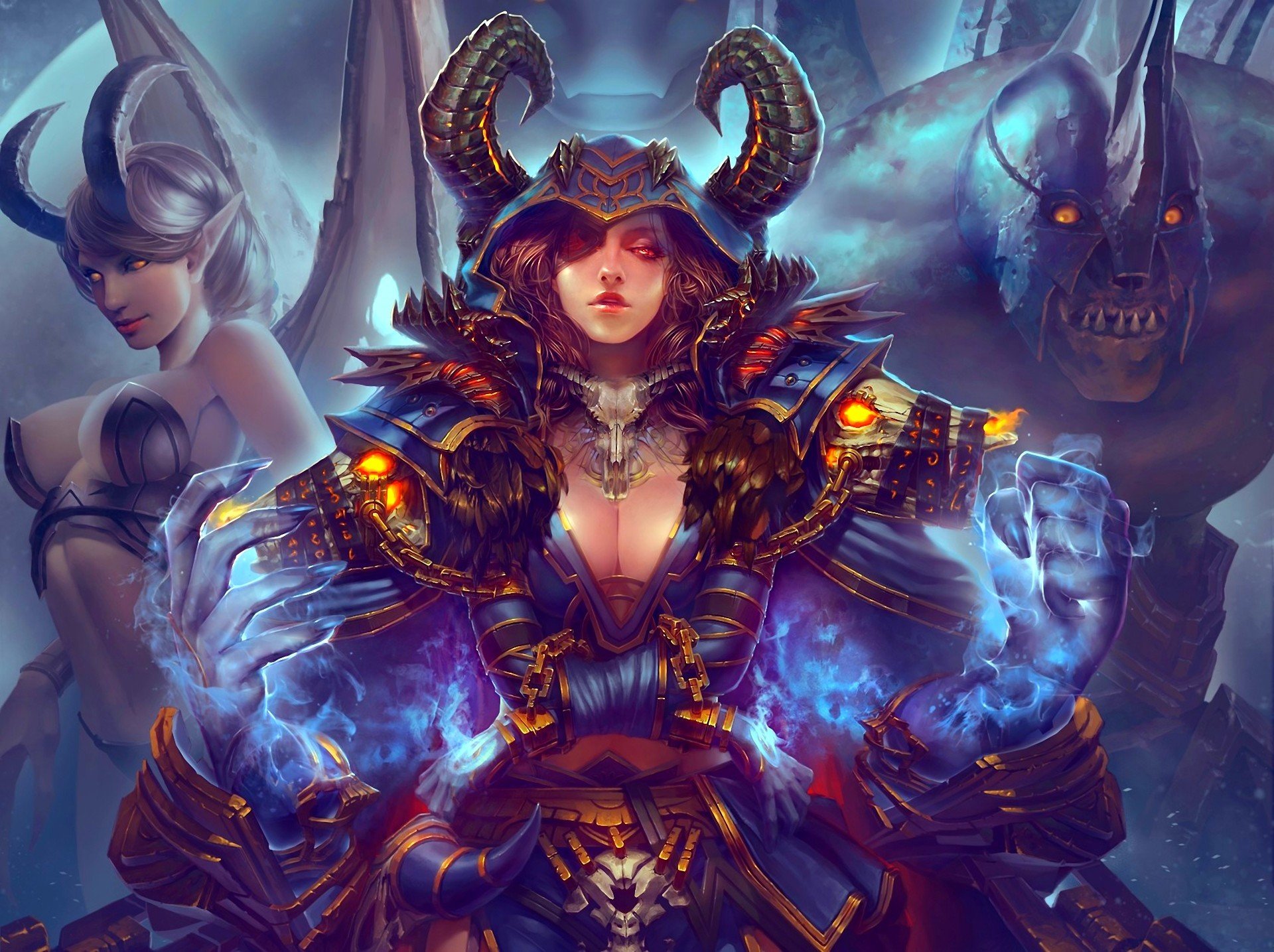 art haoyuan world of warcraft fille démon cornes ailes monstre armure chaînes menottes magie