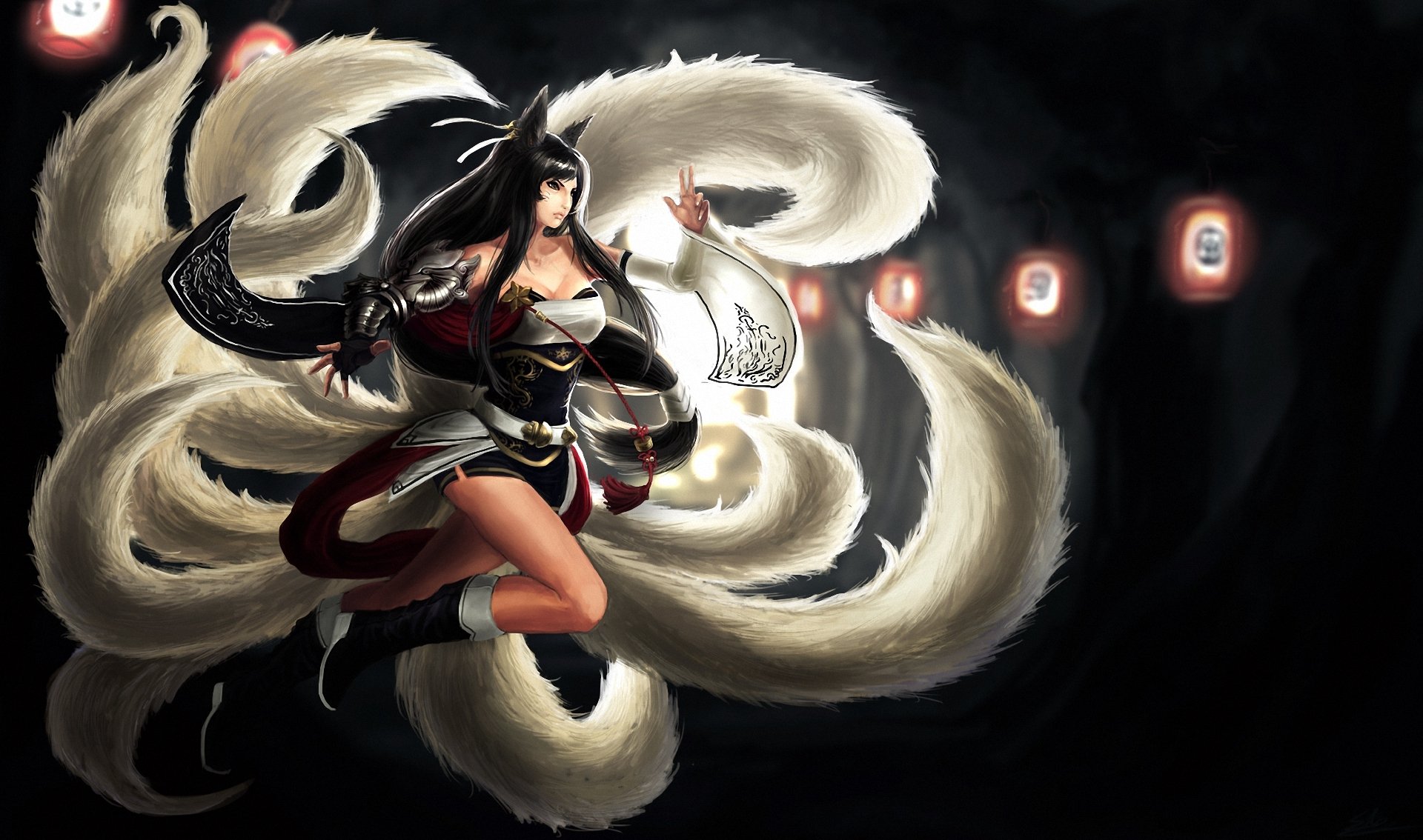 league of legends kunst ahri mädchen laternen schwänze ohren