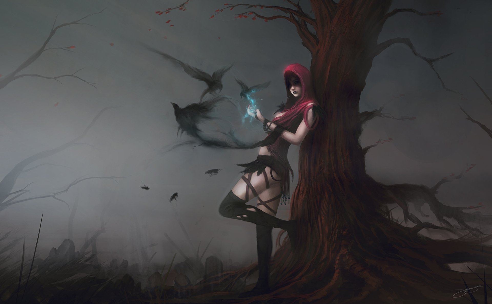 arte blinck morrigan dragon age chica magia pájaros cuervos capucha niebla árbol