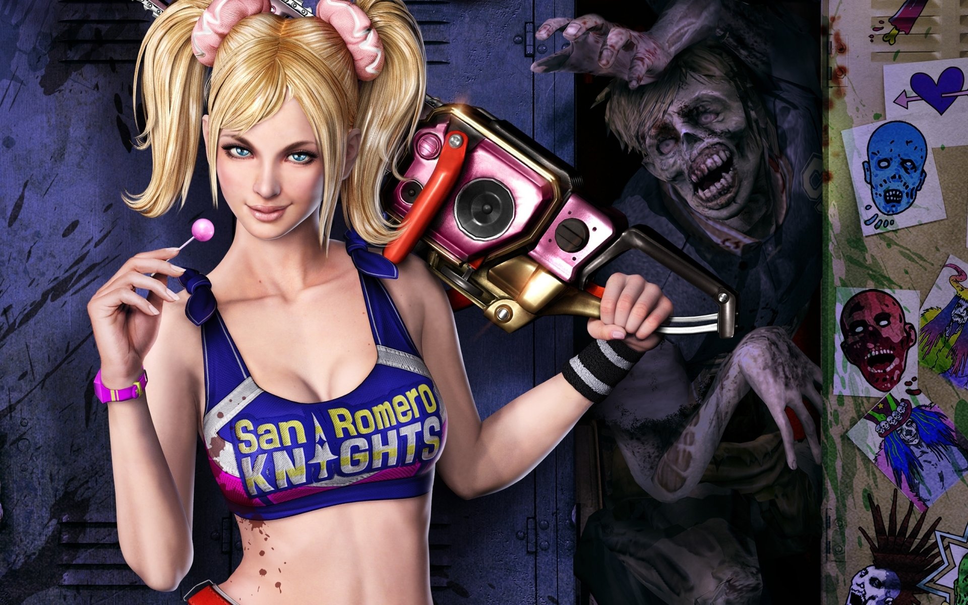 lollipop chainsaw девушка зомби бензопила шкафчик леденец кровь рисунки