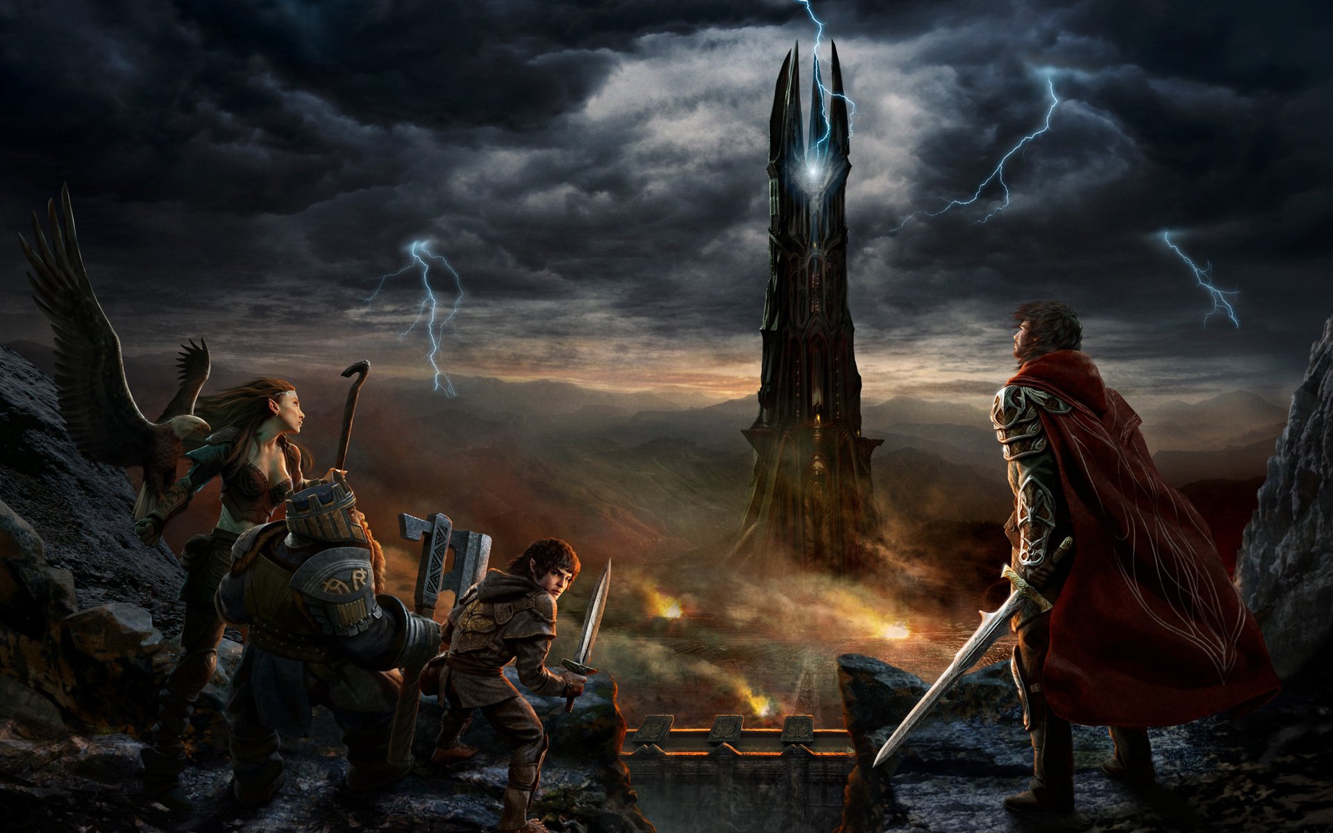 lord of the rings raising isengard fortress tower lightning mordor hobbit elf dwarf bird warrior weapon staff sword