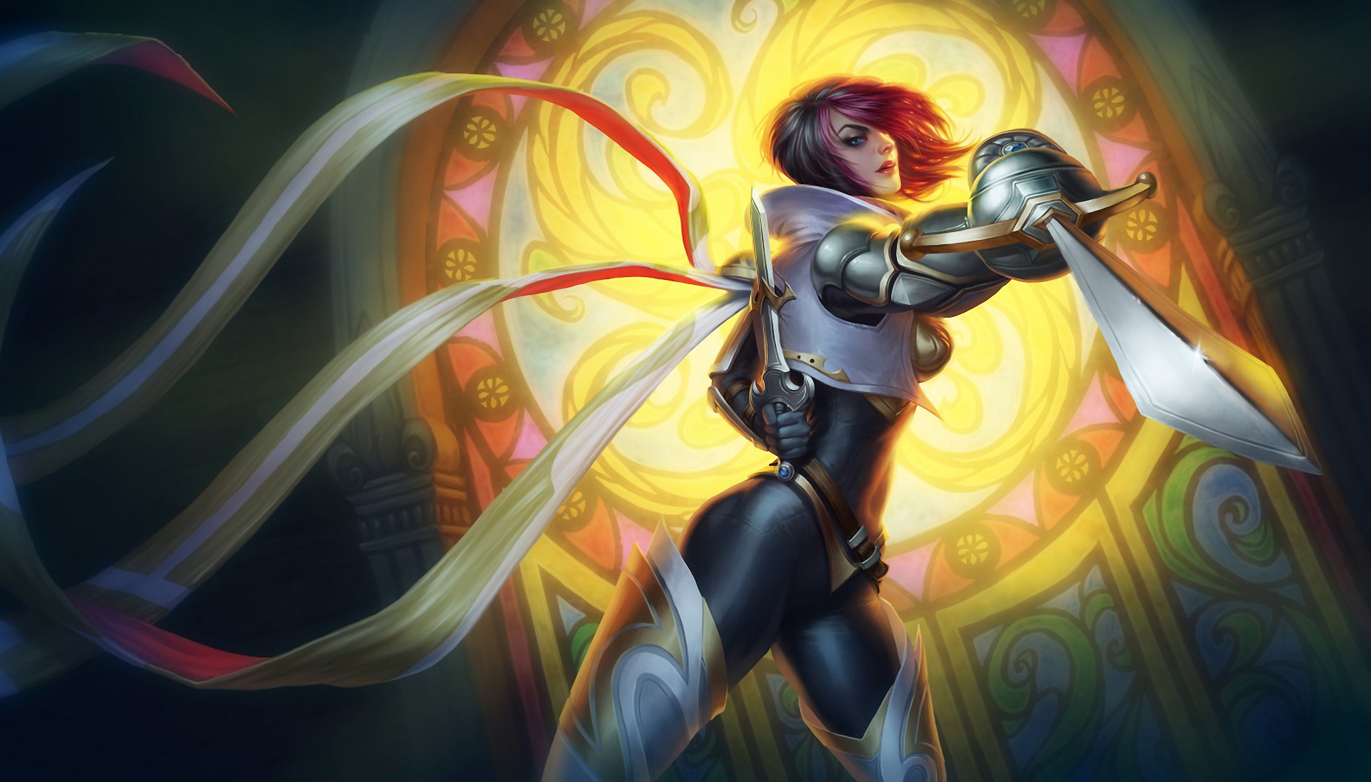 league of legends lol fiora ragazza armatura lame vetro colorato sguardo nastri affondo