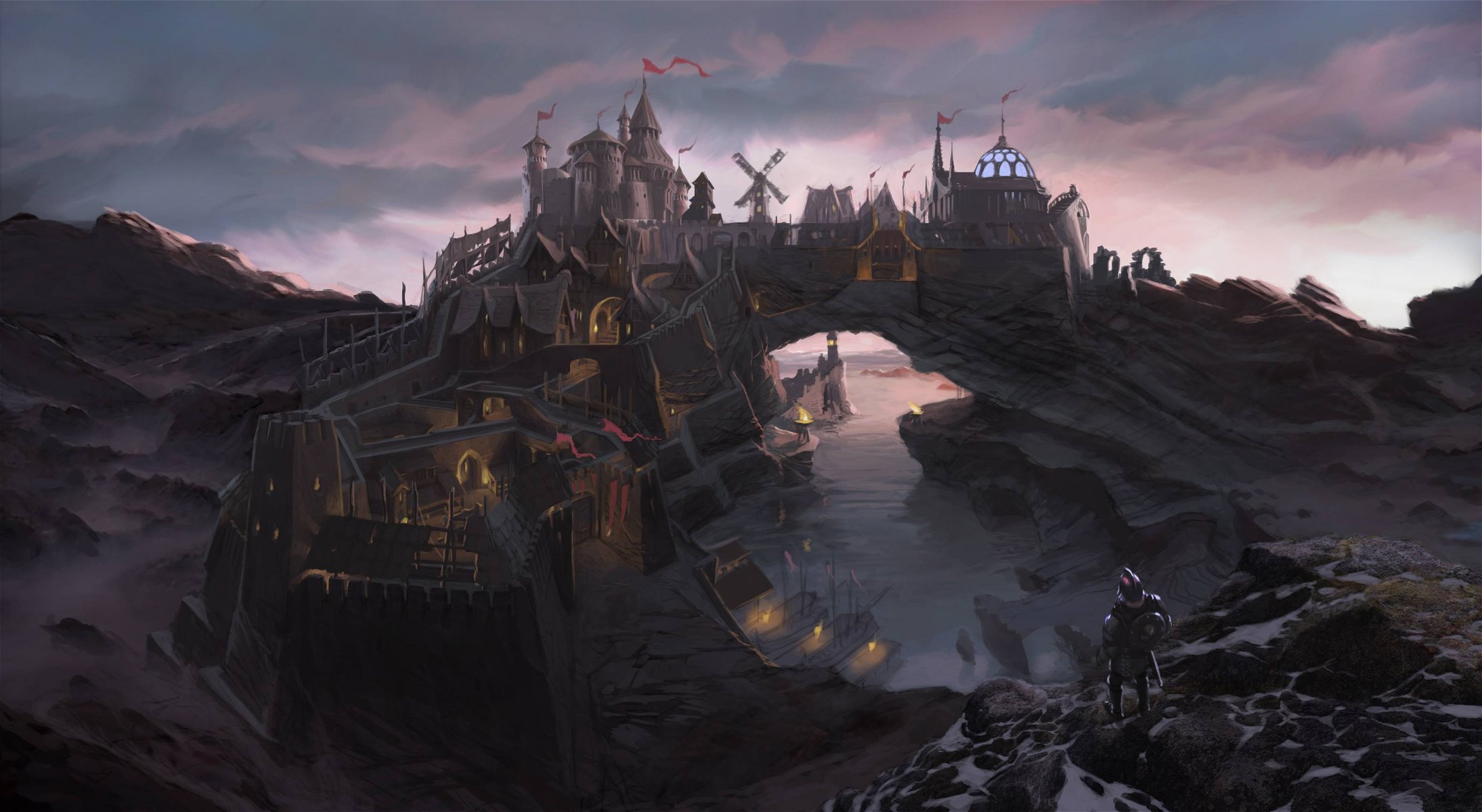 the elder scrolls v skyrim concept art city solitude solitude man bridge fortress rocks bay river