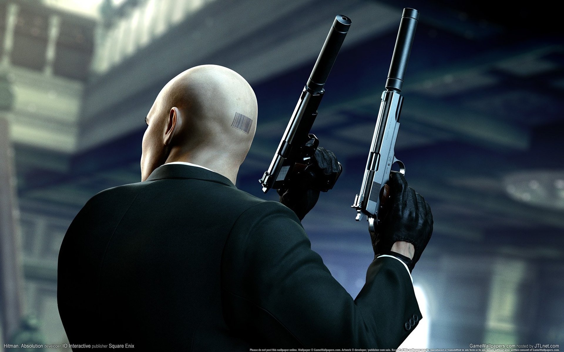 hitman: absolution assassin agent 47 forty-seventh barcode bald gloves jacket neck guns weapon silverballer silencer