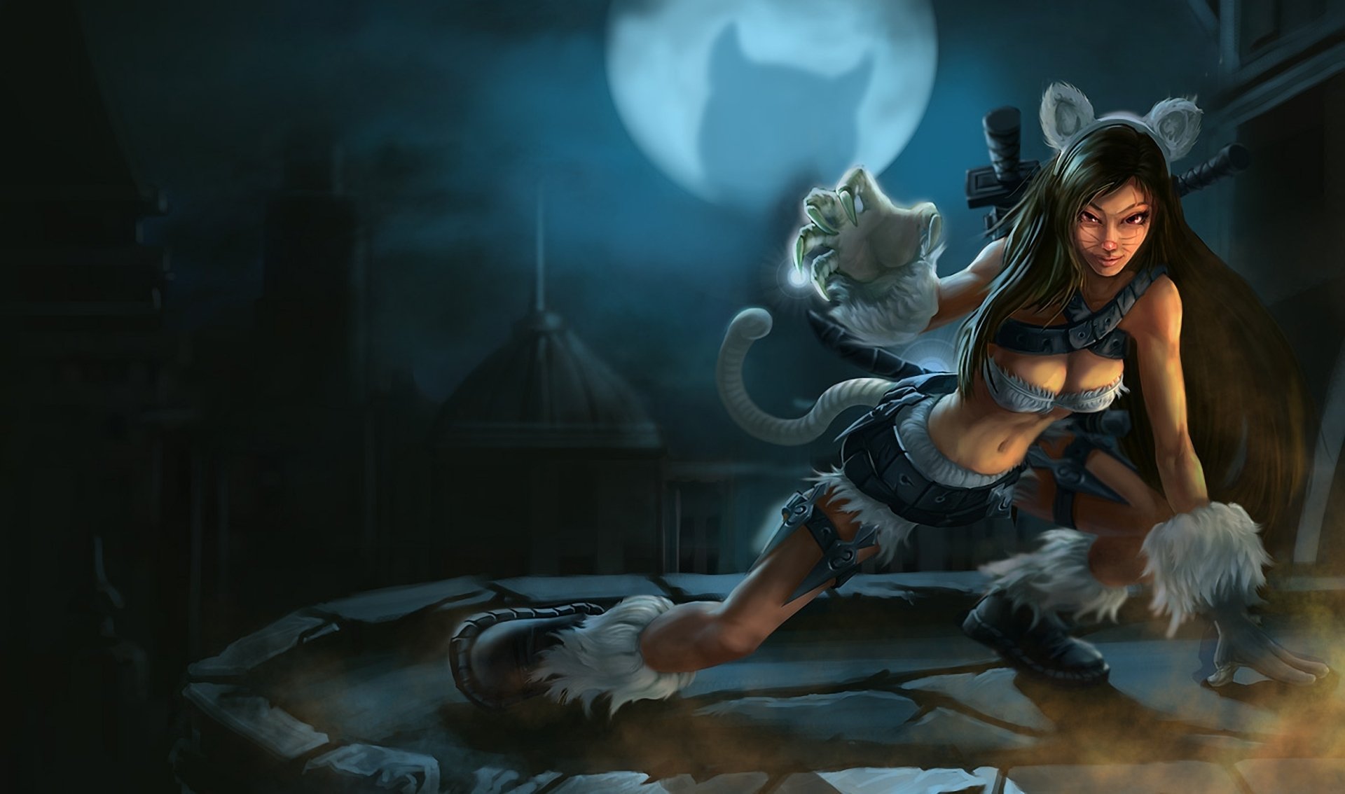 league of legends katharina mädchen nacht ohren schwanz waffe stadt mond schatten katze dolche messer