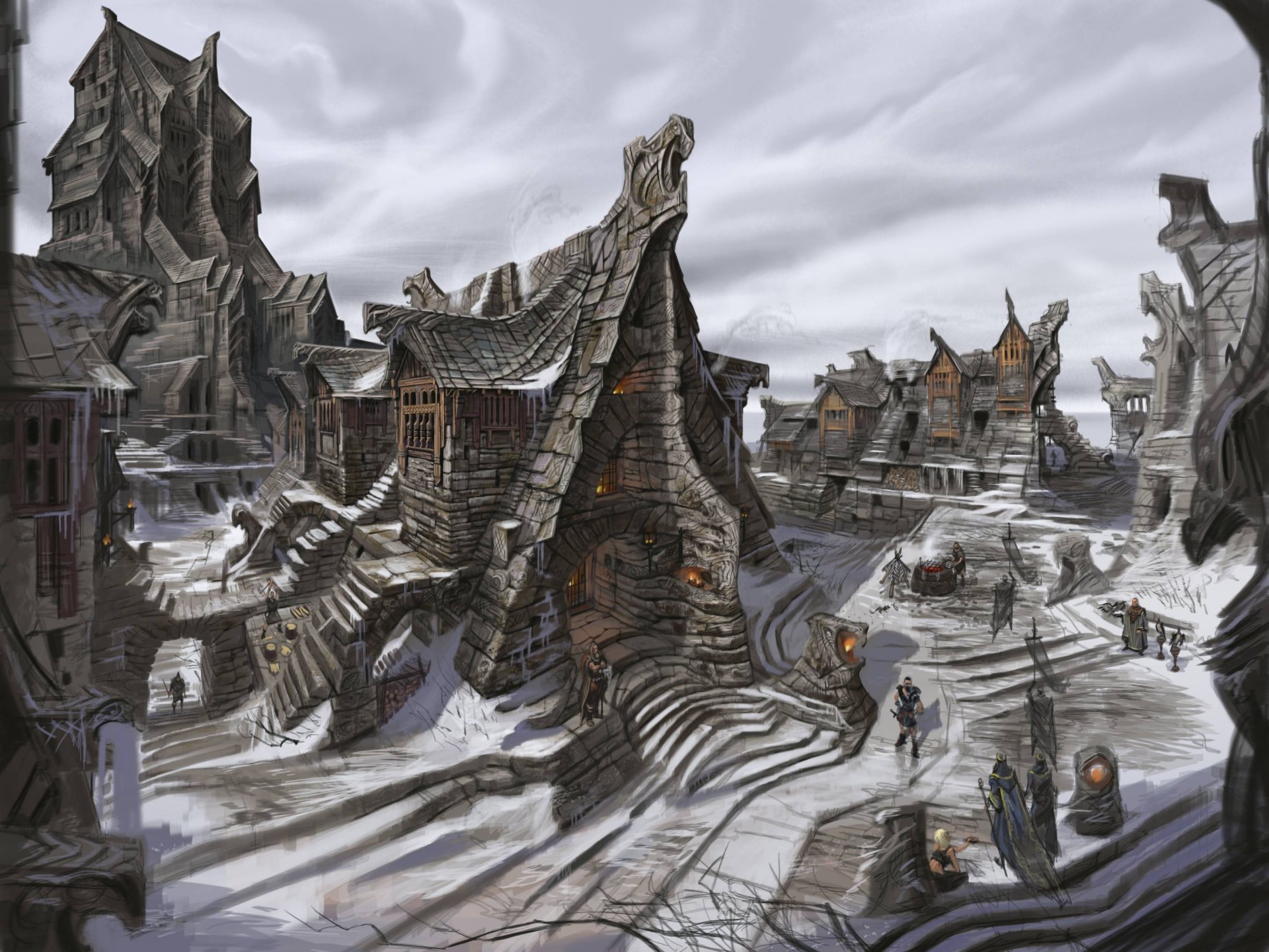 the elder scrolls v skyrim concept art windhelm town winter snow people