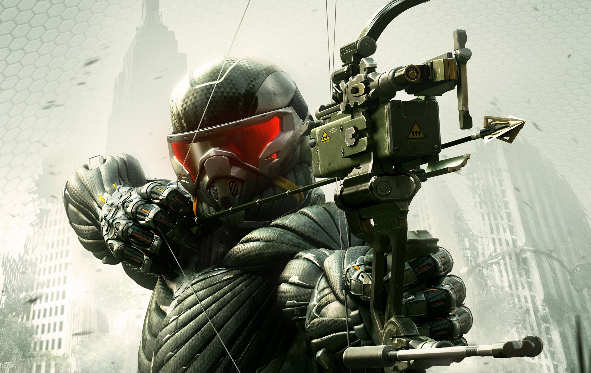 crysis 3 нанокостюм нью-йорк разруха солдат оружие лук стрела листя деревья дома crytek