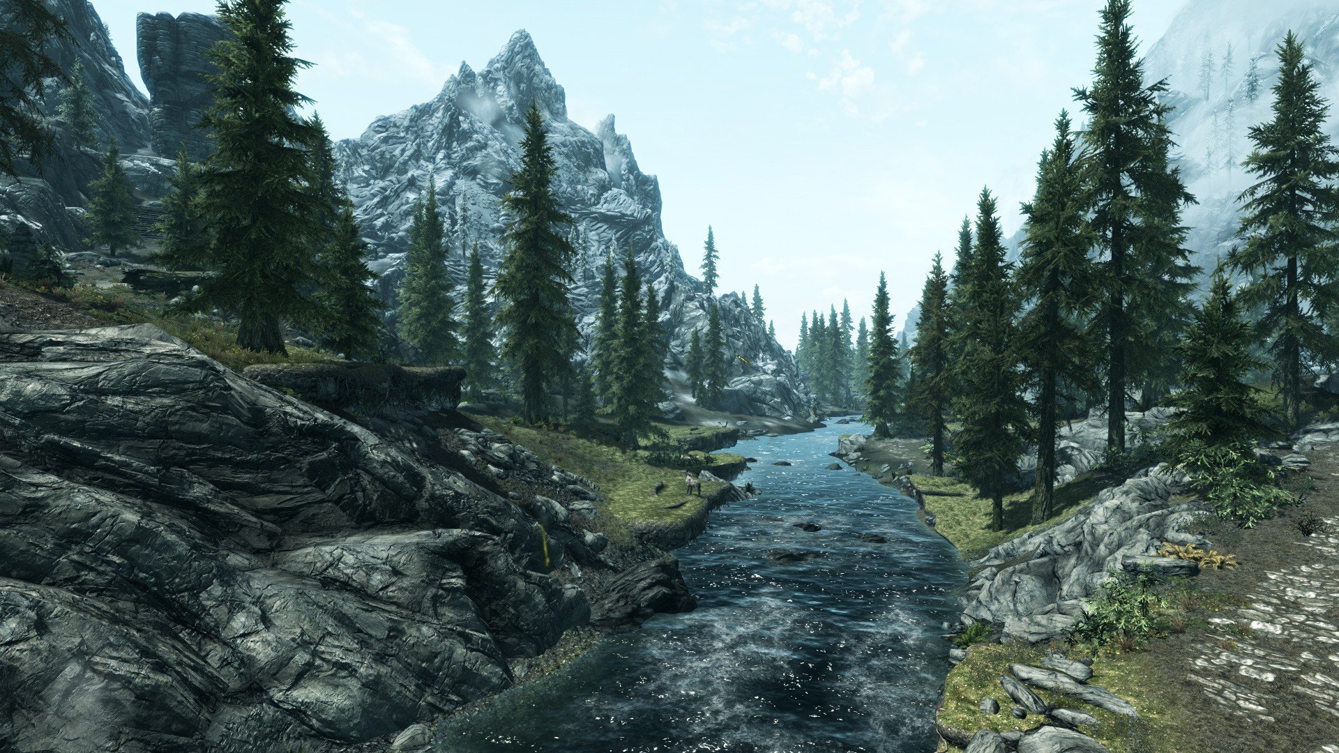 the elder scrolls v skyrim landscape river mountain tree