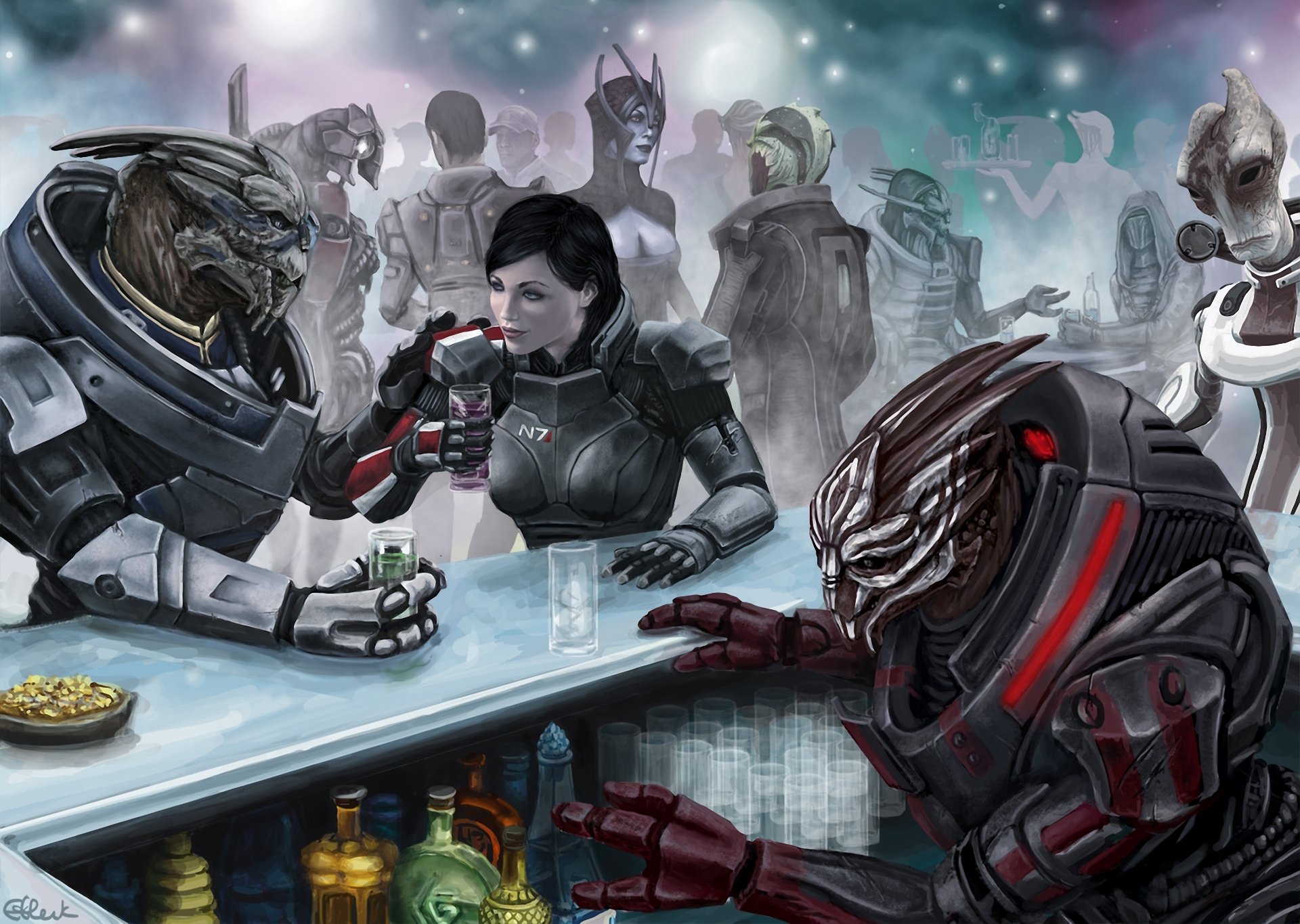 fanart me3 mass effect 3 garrus wakariana comandante shepard capitano donna bar alcol turiani salariani drell legione