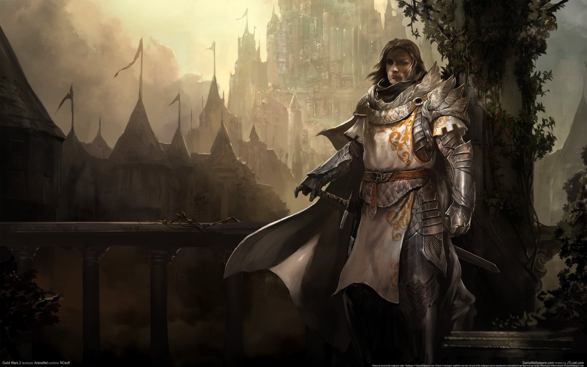 guild wars 2 game wallpapers castle fog knight warrior sword armour weapon coat rails bridge stair