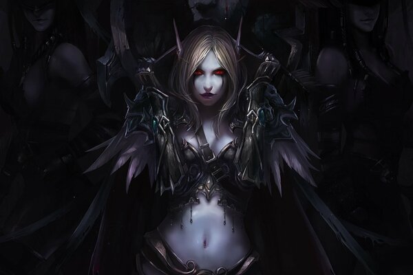 Art elf Sylvanas con ojos rojos y plumas