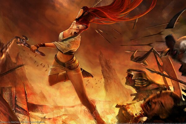 Redhead ragazza in volo con le armi, Battaglia, fuoco