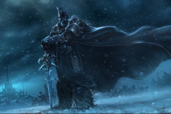 A warrior stands in the snow near the castle