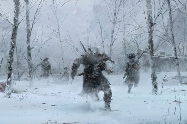 Зимний пейзаж солдаты в лесу сражение