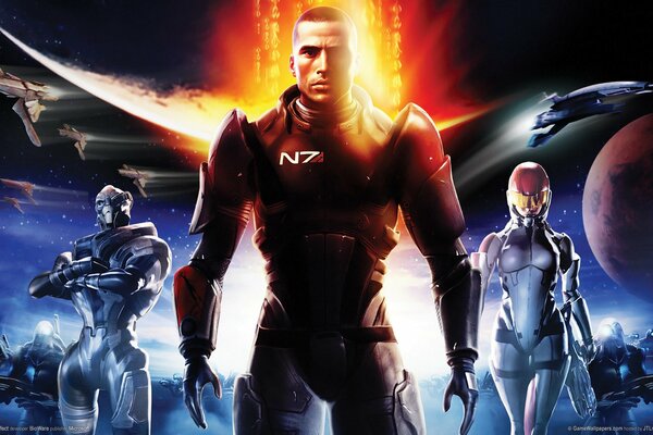 Soldat N7 de mass effect sur fond de vaisseau spatial volant