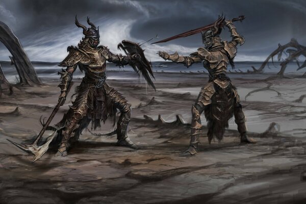 Arte grintosa con due guerrieri per il gioco Skyrim