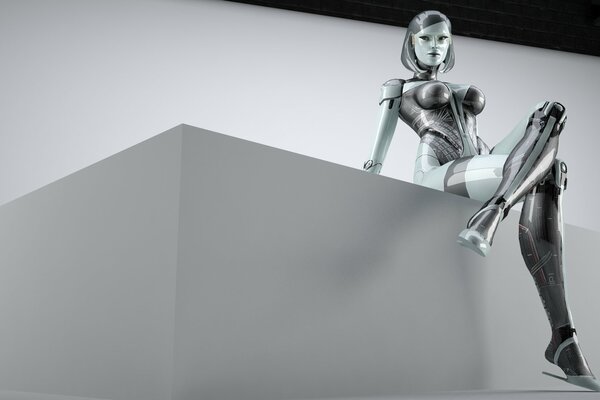 A female robot in a white room