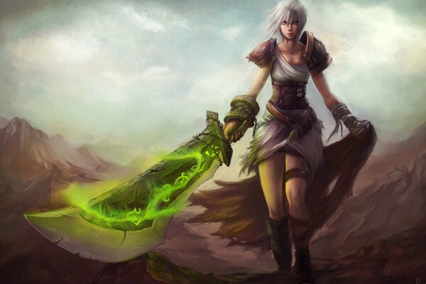 Ragazza della League of Legends con la spada verde