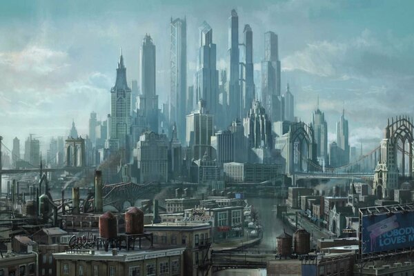 The painting depicts the skyscrapers of the future