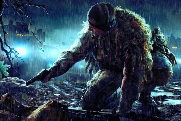 Il cecchino di ghost warrior 2 si siede in un imboscata sotto la pioggia