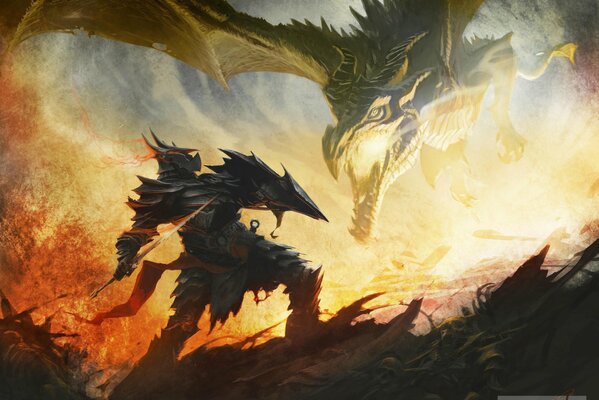Скайрин Арт борьбы дракона и воина