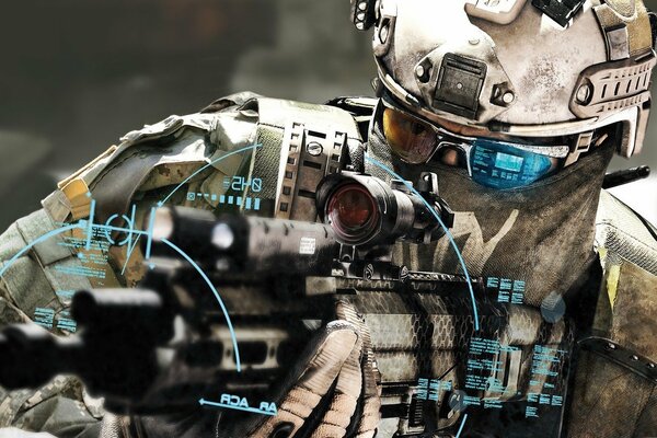 Soldat électronique avec des armes sur la vue