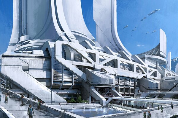 Mass effect 3, concept art, miasto, thessia, góry, wieże