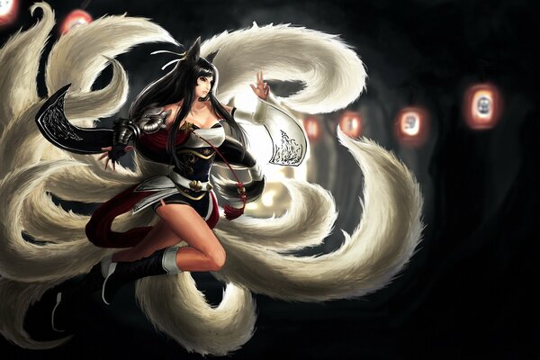 Arte ahri de liga de Leyendas chicas con colas