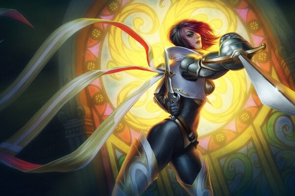 Mädchen fiora von League of Legends auf Glasmalerei-Hintergrund in Stahlrüstung