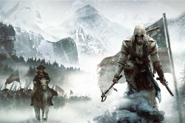 Assassin Creed sur fond de paysage de montagne